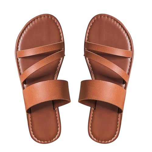 QUINTRA Damen Strand Flache Sandalen Breit Crisscross Riemchen Tanga Slip On Slides Sandalen Bequeme Sommer Indoor Outdoor Hausschuhe (Brown, 37) von QUINTRA