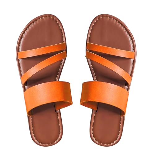 QUINTRA Damen Strand Flache Sandalen Breit Crisscross Riemchen Tanga Slip On Slides Sandalen Bequeme Sommer Indoor Outdoor Hausschuhe (Orange, 36) von QUINTRA