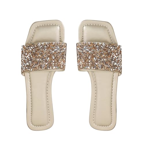 QUINTRA Damen Strass Flache Sandalen PU Quadratisch Offene Zehe Bequeme Slip-On Slides Dressy Sommer Strandschuhe (Gold, 36) von QUINTRA