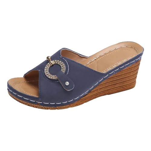 QUINTRA Damen Strass Plateau Keilsandalen Offene Zehen Slip On Slides Weiche Sohle Sommer Strandschuhe (Blue, 36) von QUINTRA