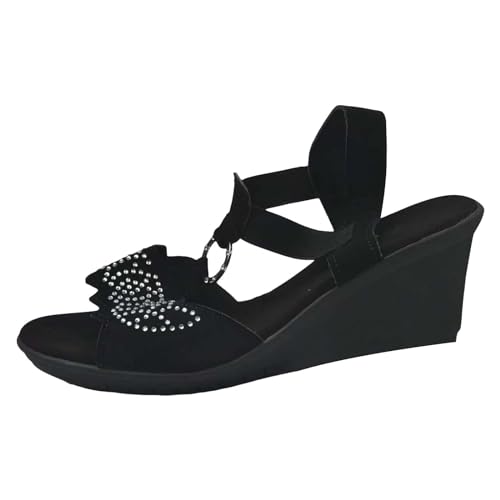 QUINTRA Damen Strass Plattform Keilsandalen Ring T Riemen Offene Zehe Sandale Casual Outdoor Sommer Strandschuhe (Black, 36) von QUINTRA