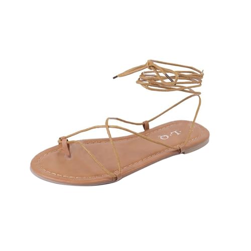 QUINTRA Damen Tie up Flache Sandalen Schnürung Offene Zehenpartie Crisscross Riemchen Tanga Sandalen Dressy Sommer Strandschuhe (Brown, 39) von QUINTRA