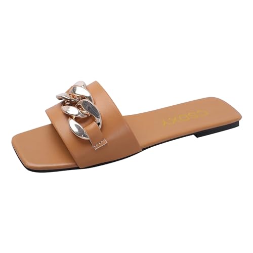 QUINTRA Flache Damen Sandalen Metallkette Riemen Quadratisch Offene Zehe Bequeme Slip-On Slides Elegante Sommer-Strandschuhe (Khaki, 35) von QUINTRA