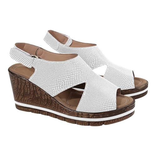 QUINTRA Hohe Keilplateausandalen für Frauen Vintage Bequeme Korksohle Sommer Strand Sandalen Anzugschuhe mit verstellbarem Riemen (Silver, 38) von QUINTRA