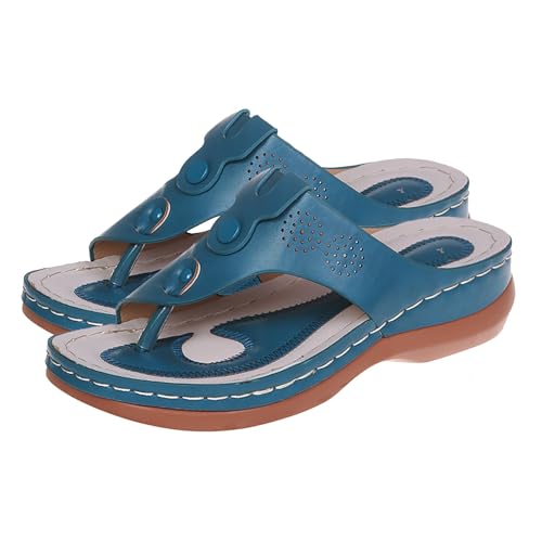 QUINTRA Leichte Damen Flip Flops Breiter Riemen Plattform Keil Tanga Sandalen Dicke Sohle Bequeme Indoor Outdoor Hausschuhe (Blue, 37) von QUINTRA