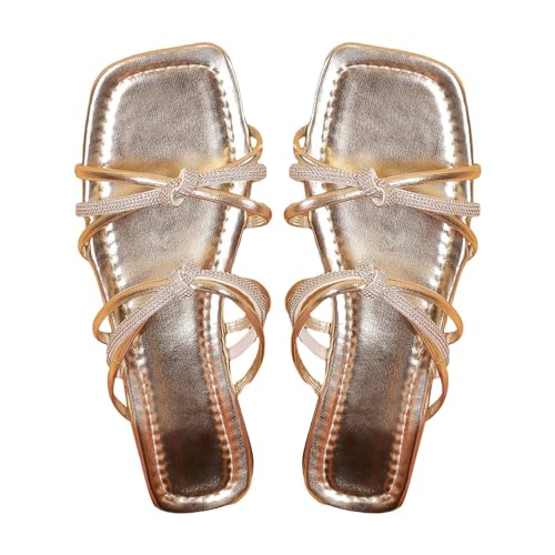 QUINTRA Sommer Flache Sandalen für Frauen Sommer PU Strass Cricccross Riemen Slip On Slide Sandalen Bequeme Pantoletten (Gold, 41) von QUINTRA