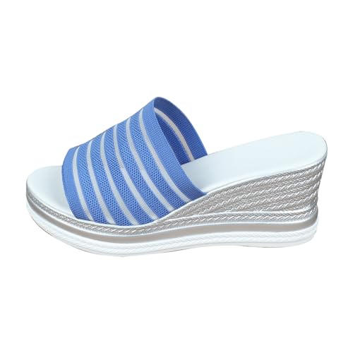 QUINTRA Womens Stripe Platform Wedge Slip on Slides Sandalen Farbe Block Thick Sole Damen Dressy Sommer Strand Urlaub Schuhe (Blue, 42) von QUINTRA