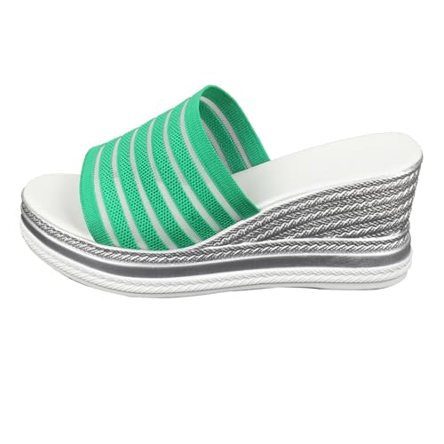 QUINTRA Womens Stripe Platform Wedge Slip on Slides Sandalen Farbe Block Thick Sole Damen Dressy Sommer Strand Urlaub Schuhe (Green, 37) von QUINTRA