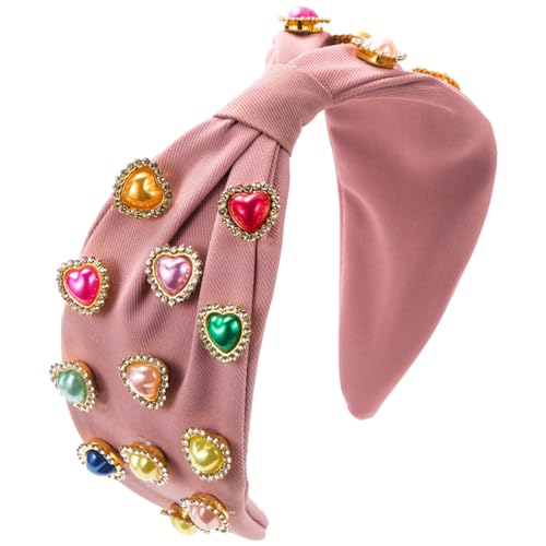 Valentinstag-Stirnband für Frauen, Liebes-Herz-Stirnband, Kristall-Strass-Knoten-Stirnband, rotes breites Knoten-Stirnband, Valentinstag-Haar-Accessoires, Geschenke Haarband Kurze (Pink, One Size) von QUINTRA