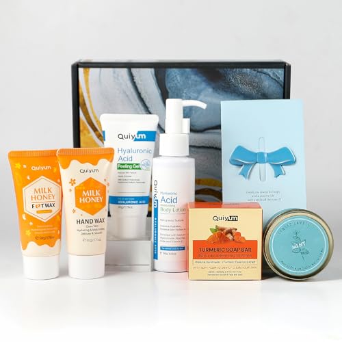 QUIYUM Geschenkbox für Frauen-7 tlg, Bodylotion,Peeling,Handmaske,Fußmaske,Kurkuma Seife,Minzduftkerze,Grußkarten,Geburtstagsgeschenk, Geschenke für Frauen, Freundin, weihnachtsgeschenke für frauen QUIYUM Geschenkbox für Frauen-7 tlg, Bodylotion,Peeling,Handmaske,Fußmaske,Kurkuma Seife,Minzduftkerze,Grußkarten,Geburtstagsgeschenk, Geschenke für Frauen, Freundin, weihnachtsgeschenke für frauen von QUIYUM