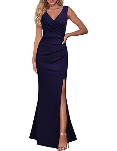 QUNERY Abendkleider Schulterfrei Cocktailkleid Partykleid Festliches Ballkleid Wickelkleid Kleid mit Schlitz Schleppkleid B-Dunkelblau M von QUNERY