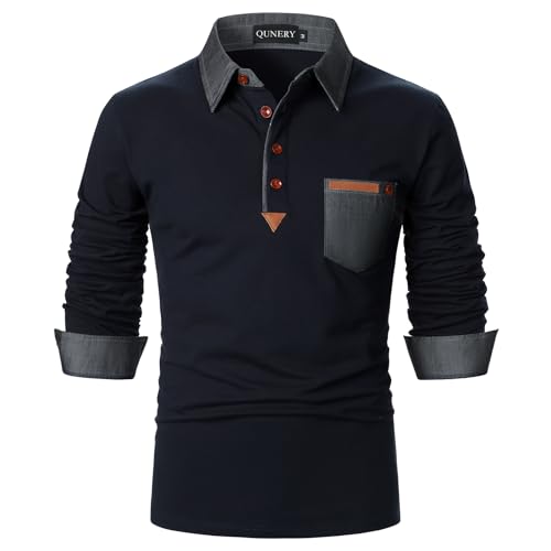 QUNERY Poloshirt Herren Langarm Getäfelt T Shirts Golf Tennis Hemden Casual Tops Navy blau S von QUNERY