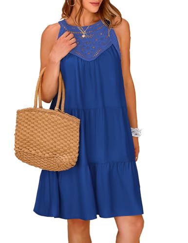 QUNERY Sommerkleid Damen Ausgehöhltes NeckholderKleid Casual Knielang Ärmellos Strandkleider A-Linie Urlaubkleid Blau M von QUNERY