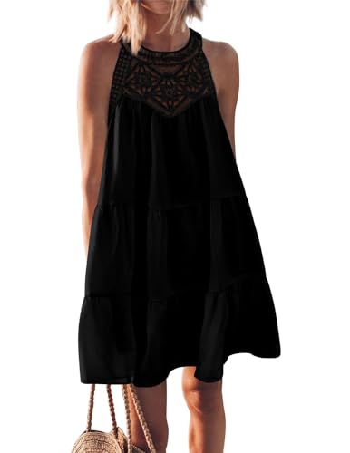 QUNERY Sommerkleid Damen Ausgehöhltes NeckholderKleid Casual Knielang Ärmellos Strandkleider A-Linie Urlaubkleid Schwarz L von QUNERY