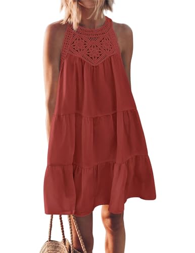 QUNERY Sommerkleid Damen Ausgehöhltes NeckholderKleid Casual Knielang Ärmellos Strandkleider A-Linie Urlaubkleid Ziegelrot L von QUNERY