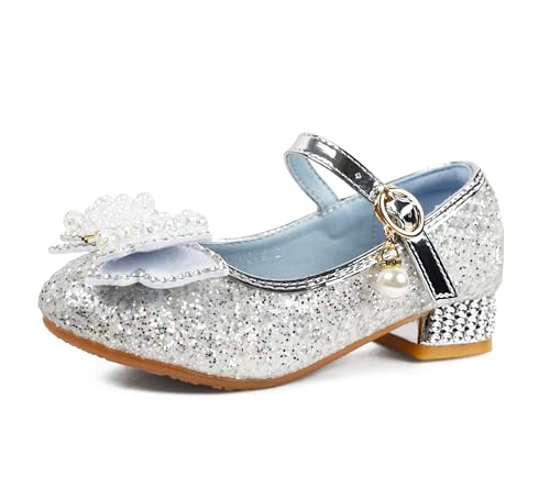 QUNUNOIRE-Prinzessin Schuhe Mädchen Glitzer Schuhe Kinder Stöckelschuhe Mädchen Pailletten Prinzessin Cosplay Schuhe Partys Hochzeiten Sandalen Elegante Mädchen Schuhe Silber 27 EU von QUNUNOIRE