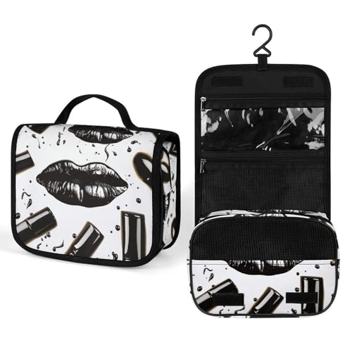 QWJKM Kulturbeutel für Lippenstift, Lippen, tragbar, zum Aufhängen, Make-up-Tasche für Damen, groß, wasserdicht, 22,5 x 18,5 cm, Schwarz, weiß, 22.5x18.5cm QWJKM Kulturbeutel für Lippenstift, Lippen, tragbar, zum Aufhängen, Make-up-Tasche für Damen, groß, wasserdicht, 22,5 x 18,5 cm, Schwarz, weiß, 22.5x18.5cm von QWJKM