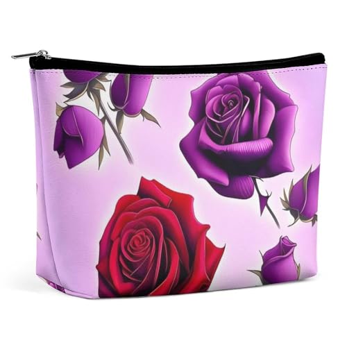 QWNMD Make-up-Tasche, Kosmetiktasche, Lippenstift-Beutel, Reißverschluss, rote und violette Rosen, bedruckt, Organizer, tragbare Kulturbeutel, Zubehör, rote und violette Rosen, 17 x 15 x 5,8 cm, QWNMD Make-up-Tasche, Kosmetiktasche, Lippenstift-Beutel, Reißverschluss, rote und violette Rosen, bedruckt, Organizer, tragbare Kulturbeutel, Zubehör, rote und violette Rosen, 17 x 15 x 5,8 cm, von QWNMD