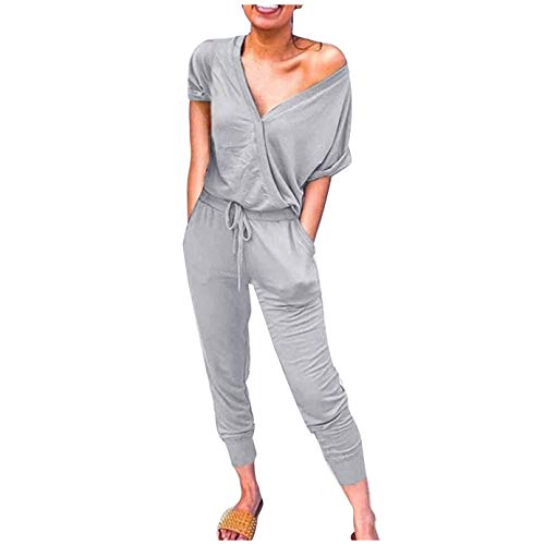 Damen Overall Jumpsuit Schlafanzug Kordelzug Ärmel Taschen Taille Strampler Damen V Wrap Sexy Jumpsuit Kurzer Ausschnitt Damen Jumpsuit Sexy Jumpsuit Damen Kurz von QWUVEDS