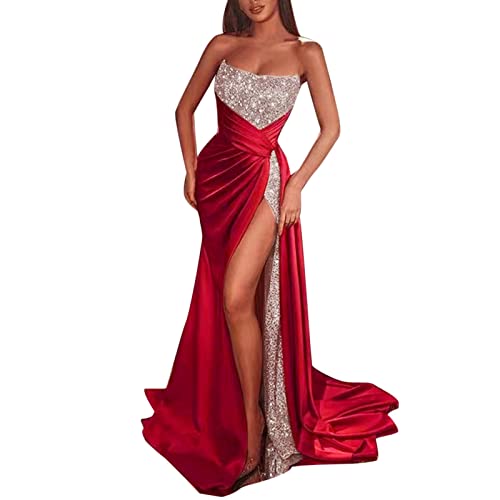 Damen Pailletten Split Plus langes Kleid Sexy trägerloses Bustier Big Swing Kleid Abendkleid Kleid Elegant Festlich Mit Ärmel von QWUVEDS