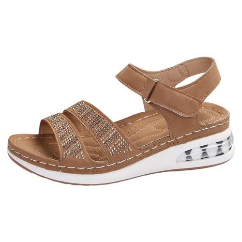 Damen-Sandalen, modisches Muster, einfache Strass-Dekoration, Keil, lässige Hakenschlaufe, leichte bequeme Schuhe Schuhe Mit Rollen Damen 38 Sommersandalen zur Erhöhung der Körpergröße (Brown, 38) von QWUVEDS