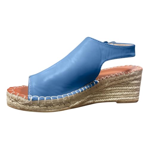 Damen-Sandalen Leinen, gewebt, mit Keilabsatz, einfarbig, modisch, lässig, Schnallenriemen, Ledersandalen, Schuhe Antirutsch Pads Schuhe Damen Sommersandalen zur Erhöhung der Körpergröße (Blue, 41) von QWUVEDS