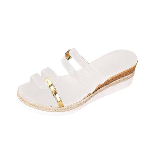 Damen-Sommer-Sandalen, lässig, Farbblockierung, weiches , gewebter Strohboden, dicker Boden, geneigter Absatz, große Sandalen, Hausschuhe Damenschuhe Weite H Sommersandalen zur Erhöhung (White, 41) von QWUVEDS