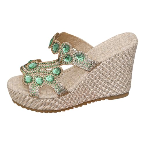 Damen Sommer Strass Helles Dicker Boden Große Größe Slope Heel Sandalen Hausschuhe Damenschuhe Schwarz Elegant Sommersandalen zur Erhöhung der Körpergröße Damenschuhe Elegant Bequem (Green, 38) von QWUVEDS