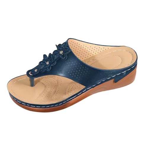 Damen Sommer Vintage Keil Strand Hausschuhe mit Zehenplattform Blumendekoration Plus Size Bogensohle Sandale Hausschuhe Sketches Damenschuhe 37 Sommersandalen zur Erhöhung der Körpergröße (Navy, 38) von QWUVEDS