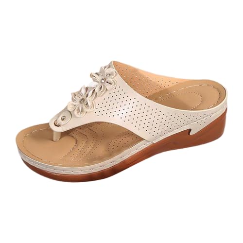 Damen Sommer Vintage Keil Strand Hausschuhe mit Zehenplattform Blumendekoration Plus Size Bogensohle Sandale Hausschuhe Sketches Damenschuhe 37 Sommersandalen zur Erhöhung der Körpergröße (White, 39) von QWUVEDS