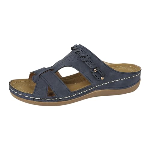 Damen Sommer einfarbige Blumen hohle atmungsaktive Slope mit dickem Boden große Sandalen Hausschuhe Luftpolster Schuhe Damen Sommersandalen zur Erhöhung der Körpergröße Damenschuhe Elegant (Blue, 39) von QWUVEDS