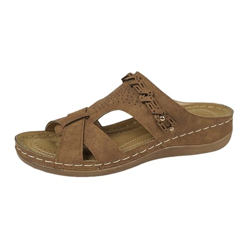 Damen Sommer einfarbige Blumen hohle atmungsaktive Slope mit dickem Boden große Sandalen Hausschuhe Luftpolster Schuhe Damen Sommersandalen zur Erhöhung der Körpergröße Damenschuhe Elegant (Brown, 38) von QWUVEDS