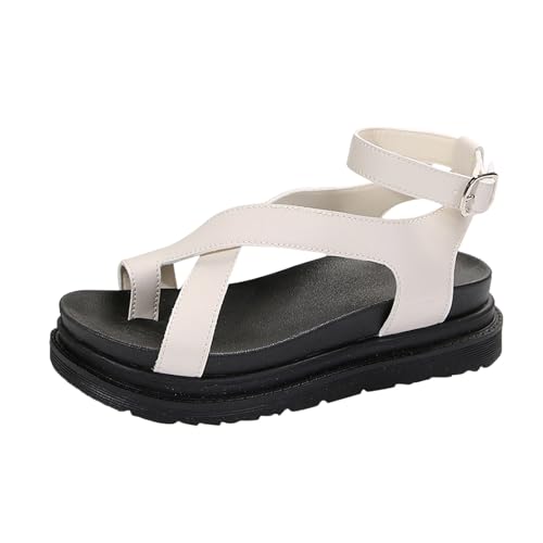 Damen-Sommermode, dicker Boden, Clip-Toe-Ledersandalen, Hausschuhe, einfarbig, Oberbekleidung, One-Wort-Sandalen Flache Schuhe Damen Sommersandalen zur Erhöhung der Körpergröße Damenschuhe (White, 41) von QWUVEDS