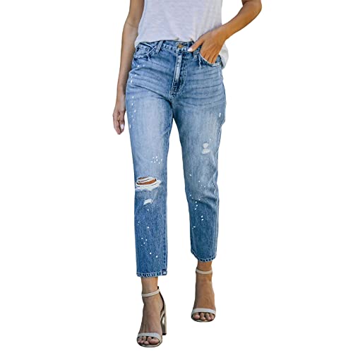 Damen dehnbare hoch taillierte Boyfriend-Jeans mit geradem Bein und ausgefransten -Denim-Hosen Coole Mädchen Klamotten 152 Jeans Damen Skinny Jeans Damen High Waist Jeans Damen Skinny Fit Jeans Damen von QWUVEDS