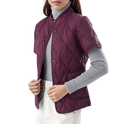 Leichte Damen-Daunenjacke mit kurzen Ärmeln und zwei Taschen (in Übergröße erhältlich) Regenjacke Imprägnieren Daunenjacke Damen Kurzarm Jacke Damen Kurzarm Steppjacke Damen Leicht (Purple, XXXL) von QWUVEDS