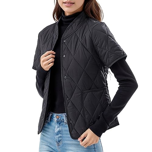 Leichte Damen-Daunenjacke mit kurzen Ärmeln und zwei Taschen (in Übergröße erhältlich) Regenjacke Imprägnieren Daunenjacke Damen Kurzarm Jacke Damen Kurzarm Steppjacke Damen Leicht Kurzarm (Black, L) von QWUVEDS