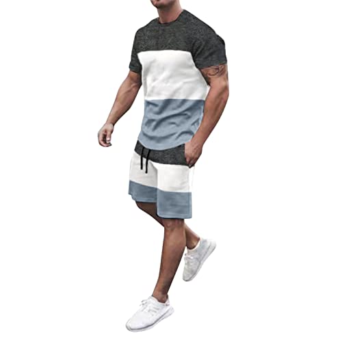 Männer Sommer Frühling und Sommer Gestreifte Quadrate Trainingsanzug 2-teilige Outfits Kurzarm T-Shirts und Shorts Jogging-Sets Sportlicher Sportanzug Sweatsuits Sportswear Trainingsanzug Anzug Herren von QWUVEDS