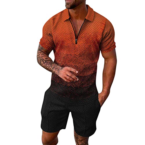 Männliche Sommer Casual Print Reißverschluss Umlegekragen Bluse Kurzarm Tops Shirt Shorts Outfits Jogginghose Anzug Herren von QWUVEDS