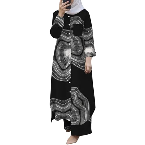 Muslimische Kleider Damen Muslimische 2-teilige Sets für Damen, Langarm-Button-Down-Hemd Hose, Abaya, Freizeitkleid, Dubai-Outfits Ringe Für Damen Abaya Kaftan mit Hijab Retro (240408A-Dark Gray, XL) von QWUVEDS