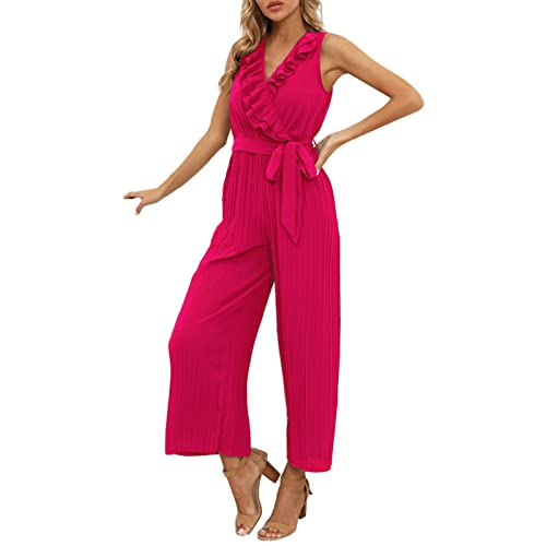 QWUVEDS 2023 Sommer Damen Casual High Waist Sleeveless V-Ausschnitt Slim Jumpsuit Body Damen Halloween (Hot Pink, XXL) von QWUVEDS