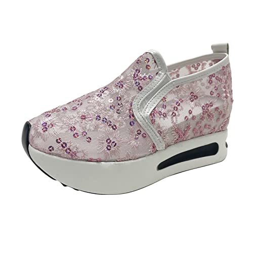 QWUVEDS Atmungsaktive Mmesh-Pailletten-Dekoration Lässige Sport-Schaukelschuhe mit dicken Sohlen Damenschuhe Stiefeletten Schwarz Mit Absatz (Pink, 39) von QWUVEDS