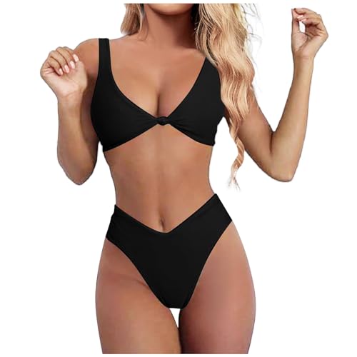 QWUVEDS Bikini Damen Set Bikini Mit Strass Kette Neckholder Bikini Zweiteiliger Badeanzug Mit Schnürung Bademode Damen Bikini Set mit Kontrastpaspeln Triangel Brazilian Bikini Bademode Zweiteiliger 06 von QWUVEDS