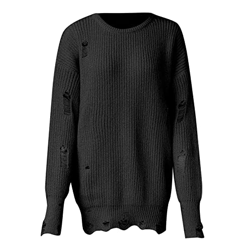 QWUVEDS Damen-Pullover mit Rundhalsausschnitt und Langen Ärmeln, einfarbiger Saum, zerrissener Strickpullover Damen Kapuzen Strickjacke (Black, M) von QWUVEDS