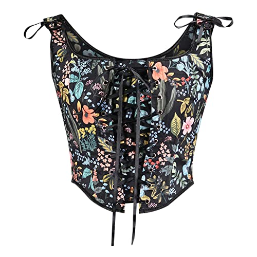 QWUVEDS Damen Sexy Bustier Korsett Top Öse Mode Blumendruck Push Up Crop Tops Vintage Tank Top Party Clubwear Mieder Bauchmieder Damen (4-0115H-Black, L) von QWUVEDS