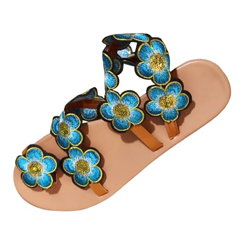 QWUVEDS Damen Sommer Casual Blumen Bohemian Style Strand Große Größe Set Toe Flache Sandalen Hausschuhe Damenschuhe Dunkelblau (Blue, 39) von QWUVEDS