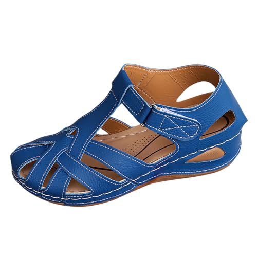 QWUVEDS Damen Sommer-Hakenschlaufe, lässig, offene Zehen, Keile, bequeme Strandschuhe, Sandalen Orthopädische Schuhe Damen Weit Winter (Blue, 38) von QWUVEDS