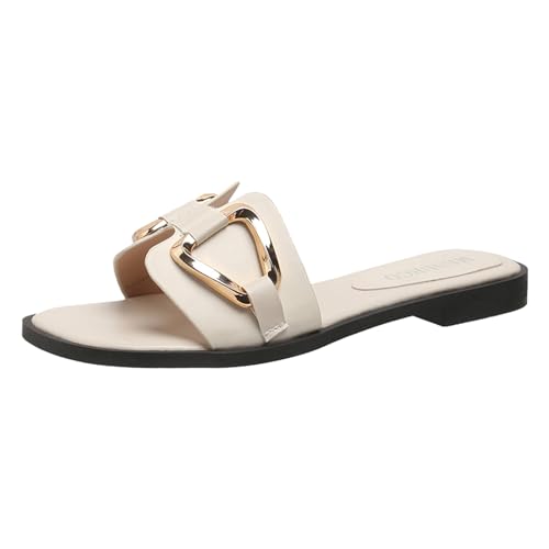 QWUVEDS Damen Sommer Lässige Einfarbige Metalldekoration Oberbekleidung One Word Beach Große Sandale Hausschuhe mit flachem Boden Damenschuhe Geschlossen (White, 39) von QWUVEDS