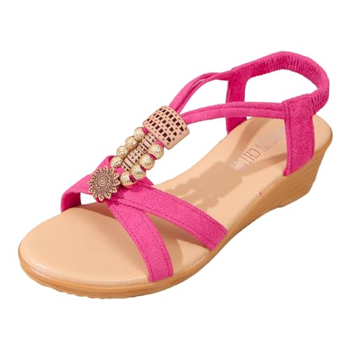 QWUVEDS Damen-Sommer-Retro-Böhmische-Stil, Perlengefräster Samt, Offener Zehenbereich, Strand-Outwear, Plus-Size-Sandalen Getragene Damenschuhe Sammler Sommersandalen zur Erhöhung der (Hot Pink, 40) von QWUVEDS