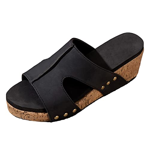 QWUVEDS Damen Sommer Solide Slip On Casual Open Toe Wedges Bequeme Strandschuhe Sandalen Hausschuhe Damen Schuhe Schwarz Damen Hausschuhe Sommer Freizeitschuhe Damen (Black, 38) von QWUVEDS