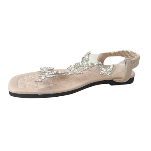 QWUVEDS Damen Sommer Strass Schmetterling Perlen Flacher Boden Transparent One Strap Große Größe Sandalen Hausschuhe Damenschuhe Lack (White, 39) von QWUVEDS